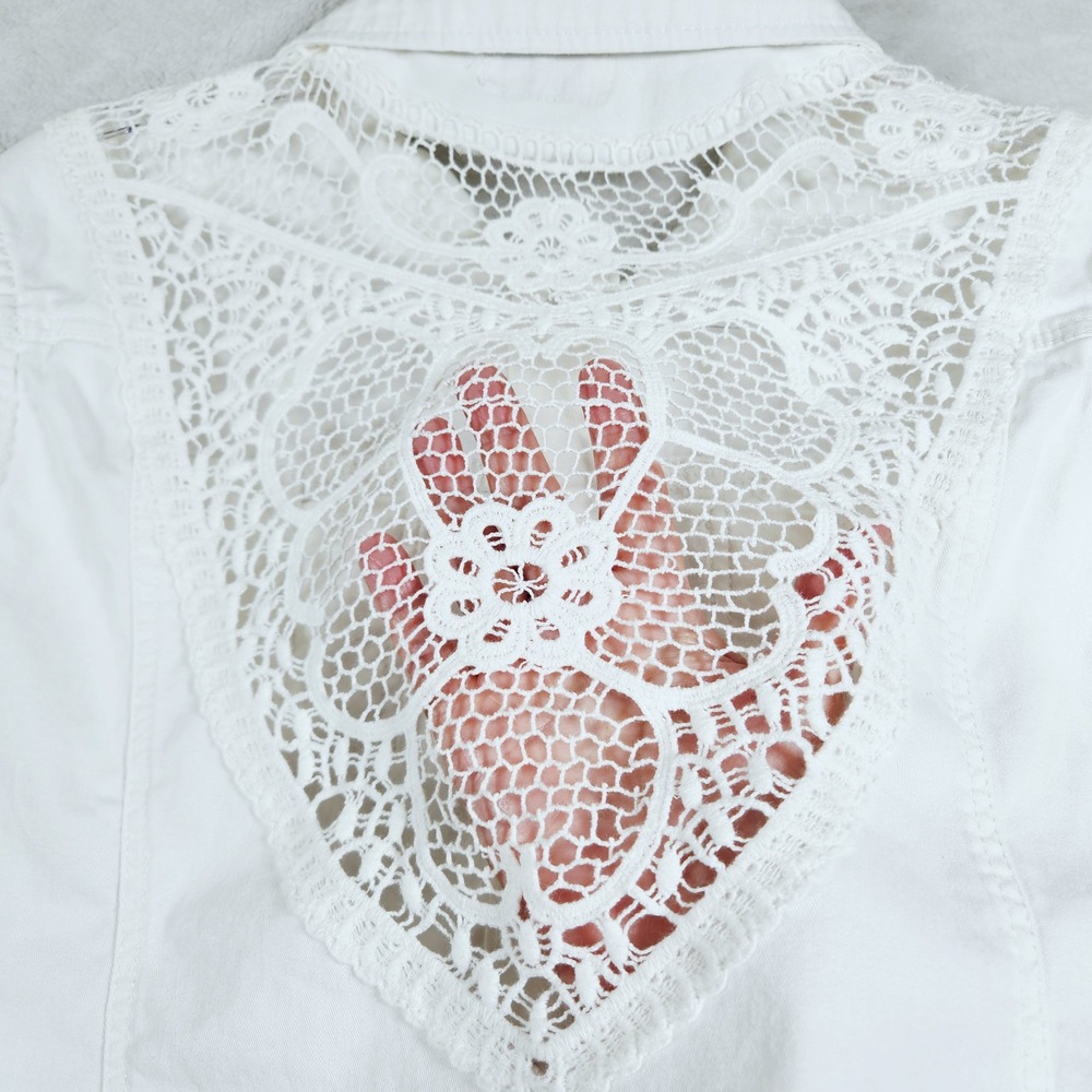 Mudd Denim Vest Womens XL White Crochet Lace Back Distressed Button Front